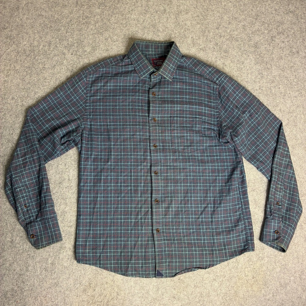 Untuckit Mens Medium Cotton Plaid Flannel Button Shirt Grey Teal Red Long Sleeve